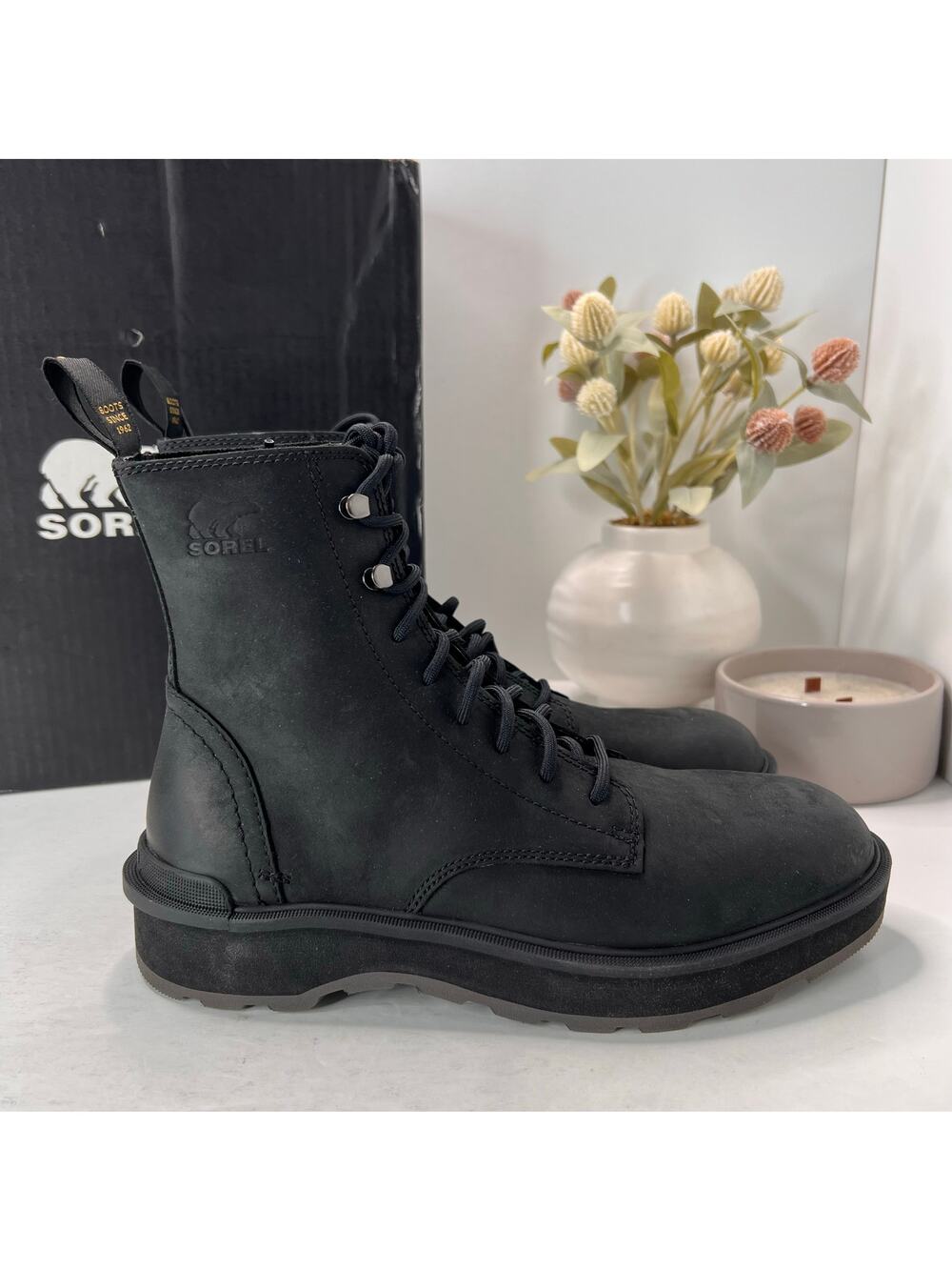 Sorel Hi-Line Lace Up Combat Boot Black Jet NL4804-010 Women's 7.5 NWOB